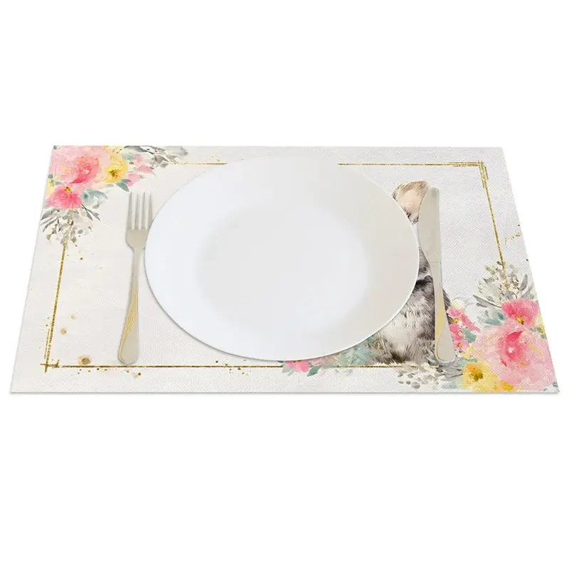 Aperturee Easter Gold Frame Bunny Set of 4 Placemats, Geometric Floral Rabbit Table Decor