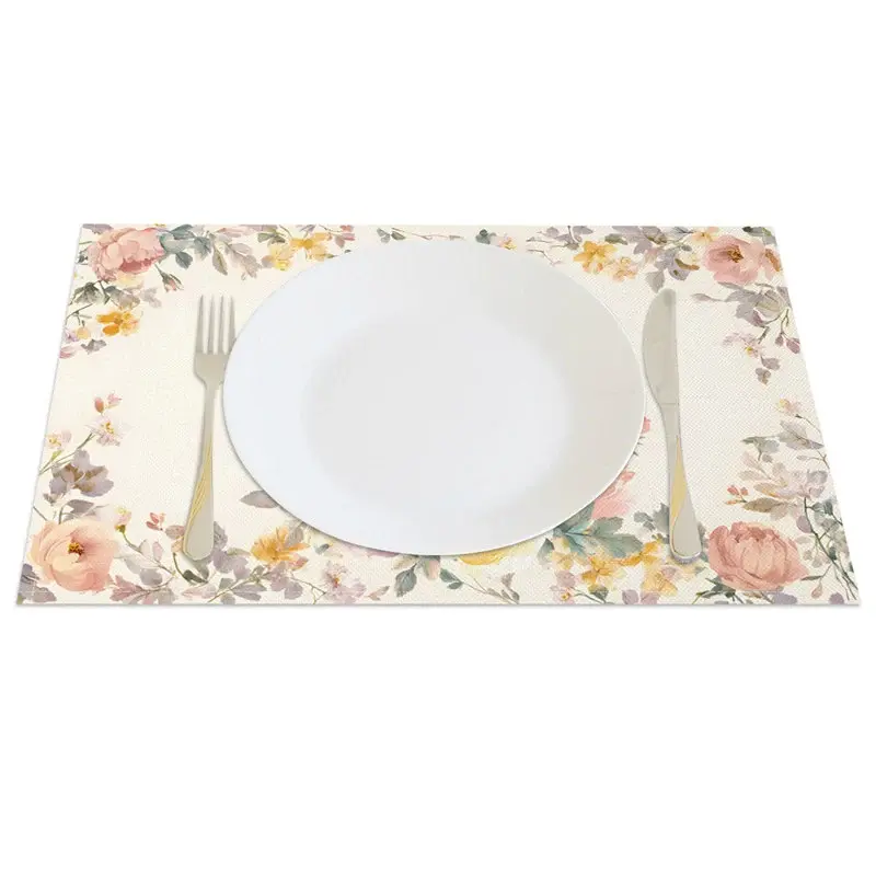 Aperturee Vintage Floral Easter Bunny Set of 4 Placemats, Retro Rose Rabbit Table Decor