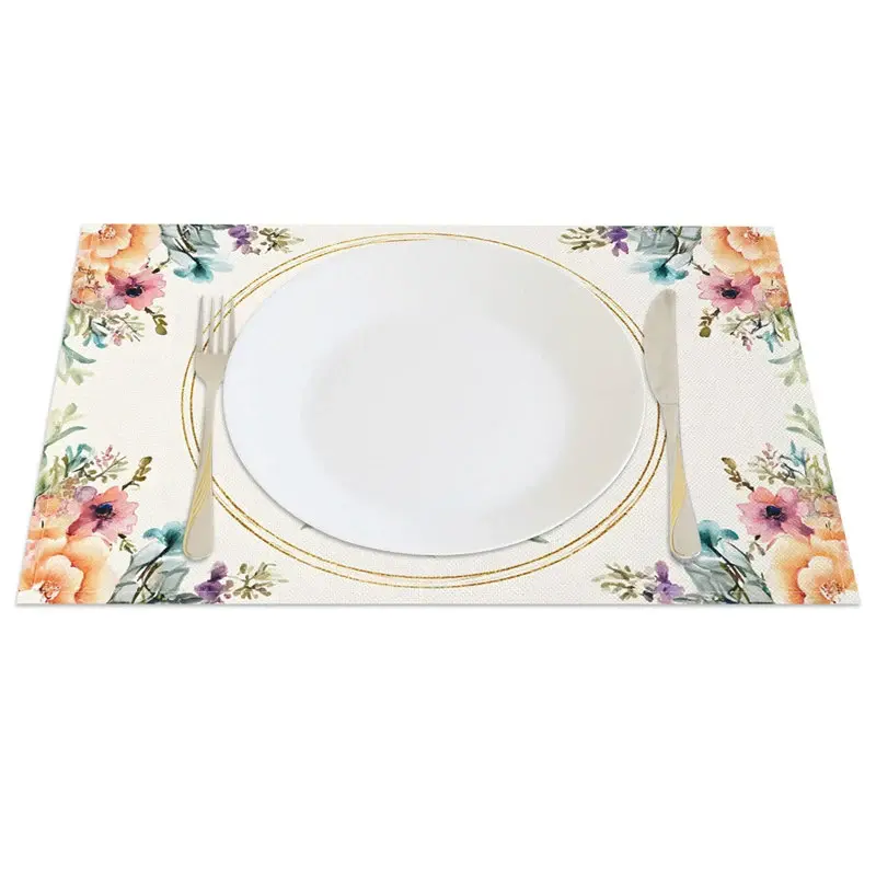 Aperturee Gold Circle Easter Bunny Set of 4 Placemats, Round Frame Floral Rabbit Decor