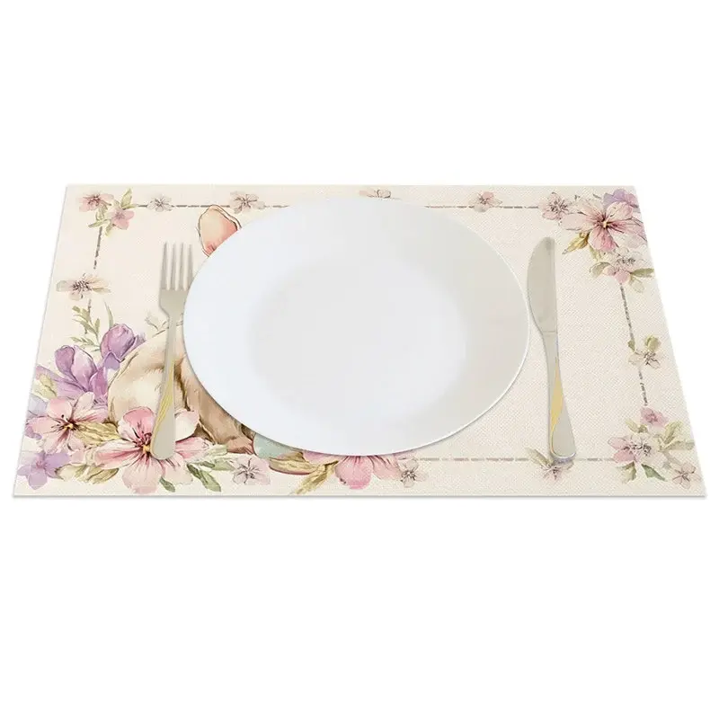 Aperturee Pink Blossom Easter Bunny Set of 4 Placemats, Sakura Blue Egg Rabbit Table Decor