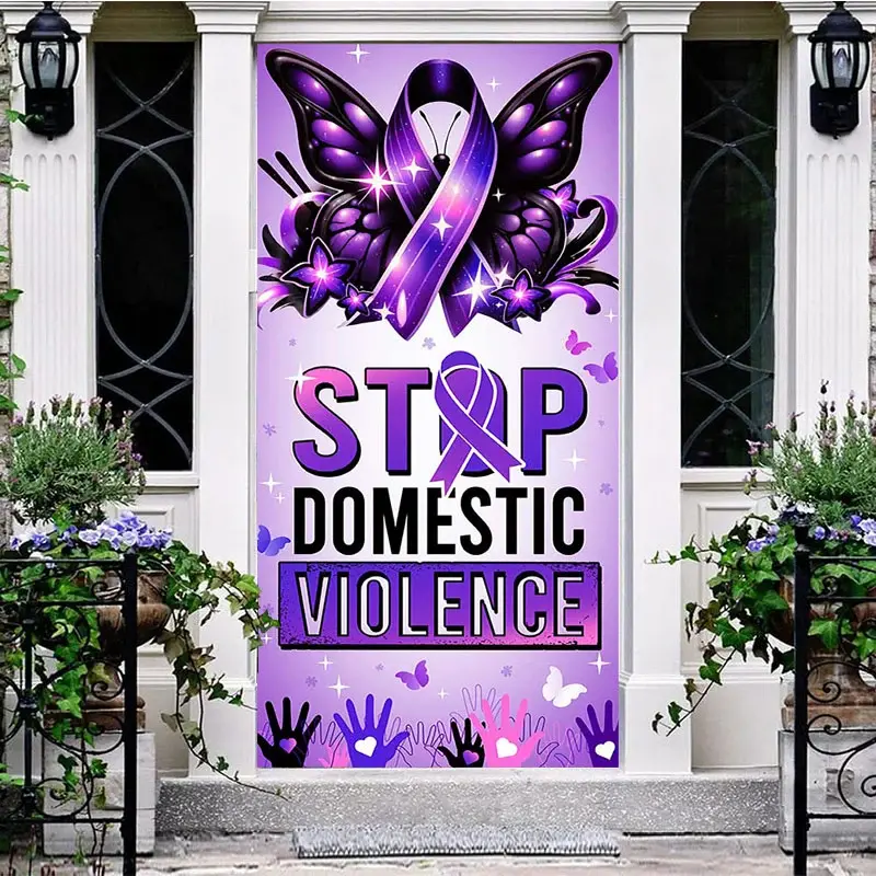 Aperturee Purple Promotional Stop Domestic Violence Door Cover, 30x80 Inch, 28.48 USD, party door covers, LZML135A-A