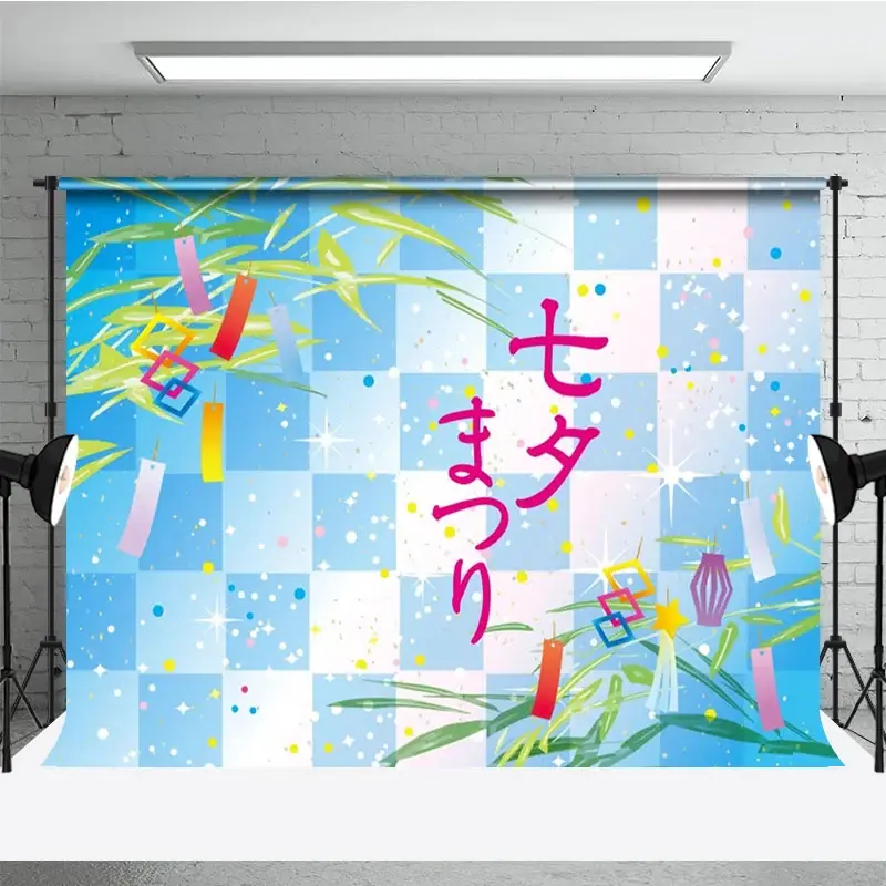 Aperturee Japanese Leaves Blue Plaid Tanabata Festival Backdrop, 3X2FT(1MX0.6M), 14 USD, dance backdrops, NYHD11316942-M