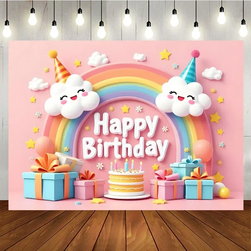 Aperturee Sweet Pink Lovely Rainbow Clouds Birthday Backdrop, 5X3FT(1.5X1M), 15.07 USD, birthday backdrops, NYHD11429382-E