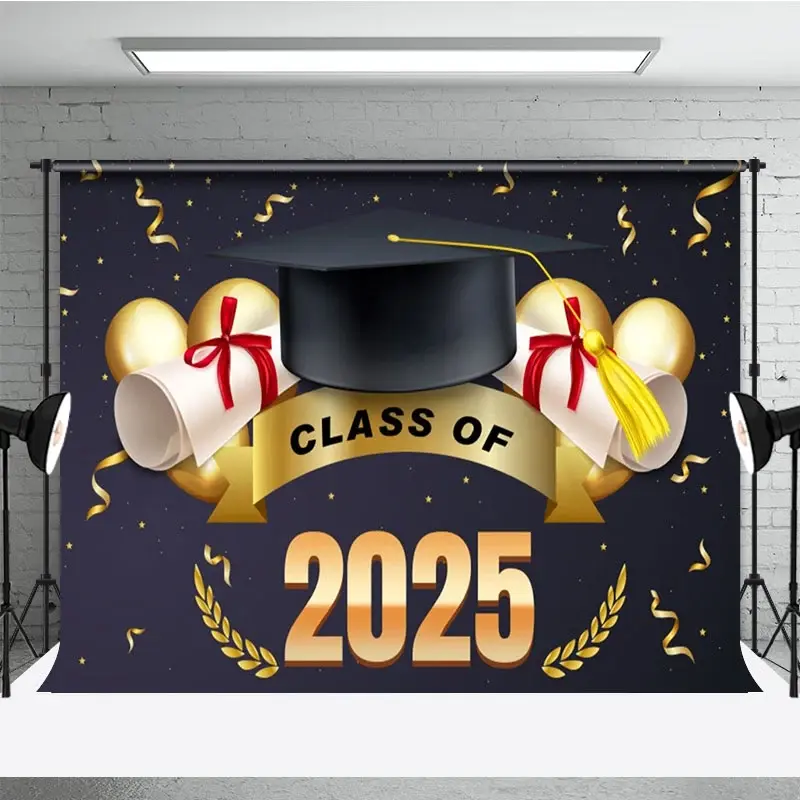 Aperturee Navy Blue Gold Ribbons Cap Congrats Grad Backdrop, 3X2FT(1MX0.6M), 14 USD, graduation backdrops, NYHD11429453-M