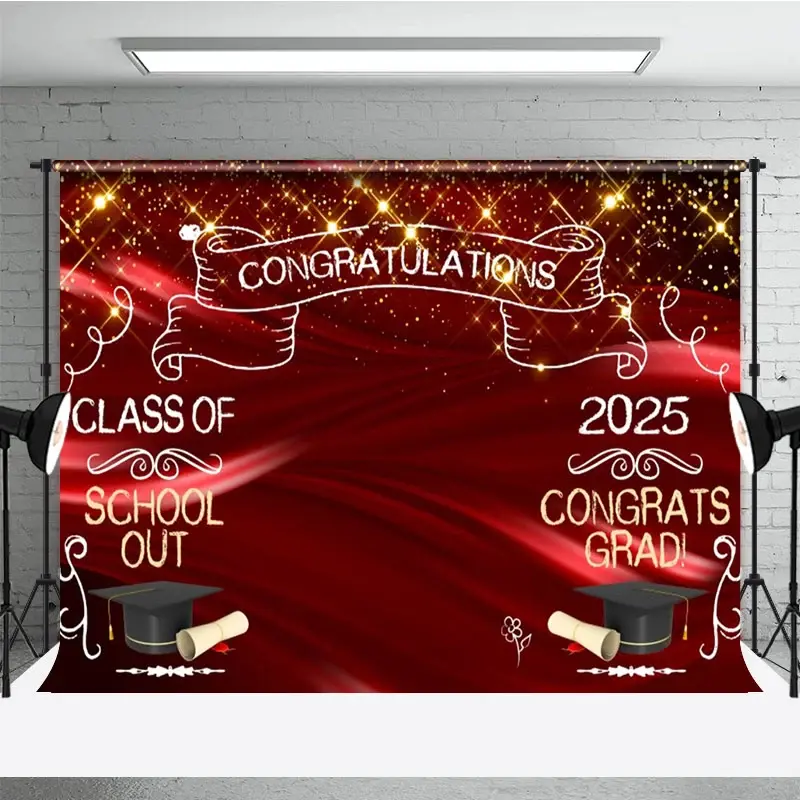 Aperturee Gold Sparkle Red Ribbon Congrats Graduation Backdrop, 3X2FT(1MX0.6M), 14 USD, graduation backdrops, NYHD11429462-M