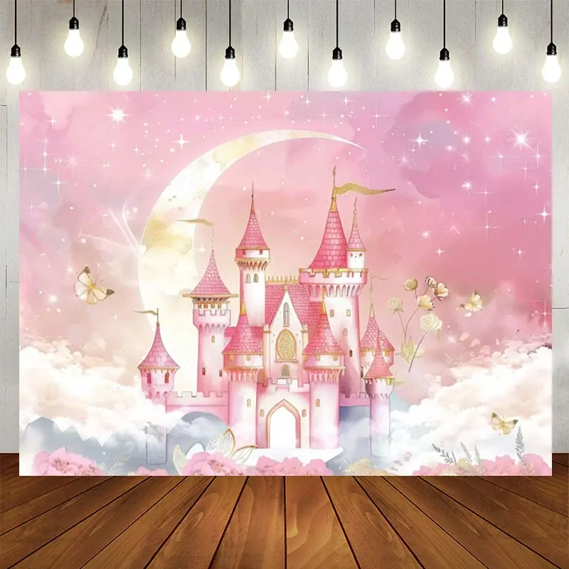 Aperturee Fairyland Pink Sweet Moon Lights Castle Backdrop, 5X3FT(1.5X1M), 15.07 USD, birthday backdrops, NYHD11429619-E