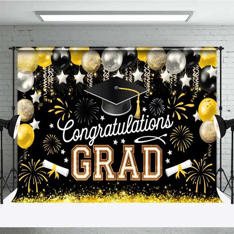 Aperturee Elegant Black Gold Balloons Glitter Backdrop For Grad, 3X2FT(1MX0.6M), 14 USD, graduation backdrops, NYHD11429714-M