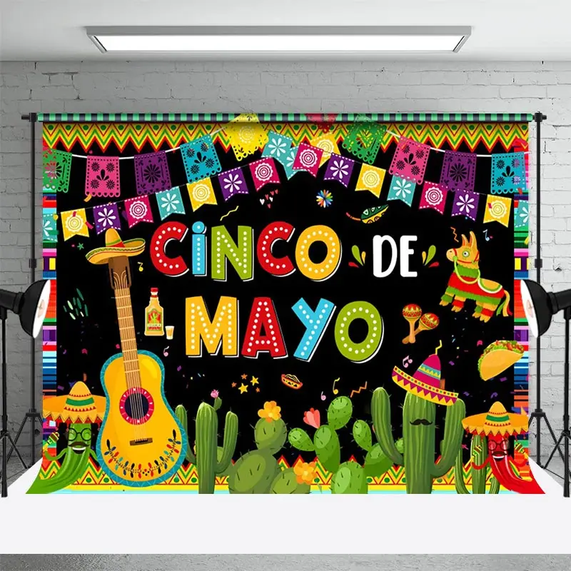 Aperturee Mexico May 5th Cactus Guitar Flag Holiday Backdrop, 3X2FT(1MX0.6M), 14 USD, mexican fiesta backdrops, NYHD11429787-M