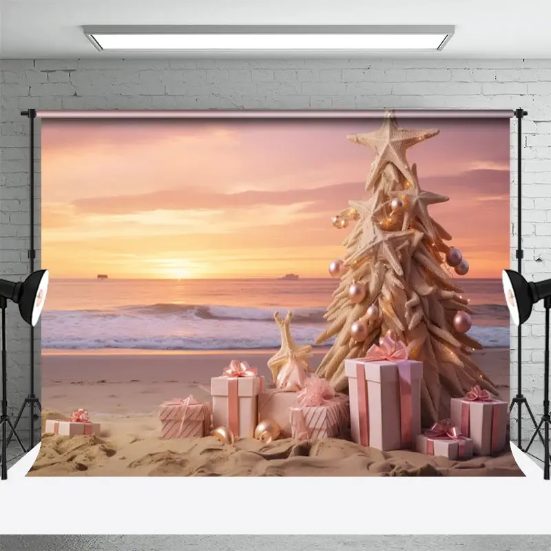 Aperturee Pink Sunrise Sky Beach Christmas In July Backdrop, 3X2FT(1MX0.6M), 14 USD, christmas in july backdrops, NYHD11429906-M