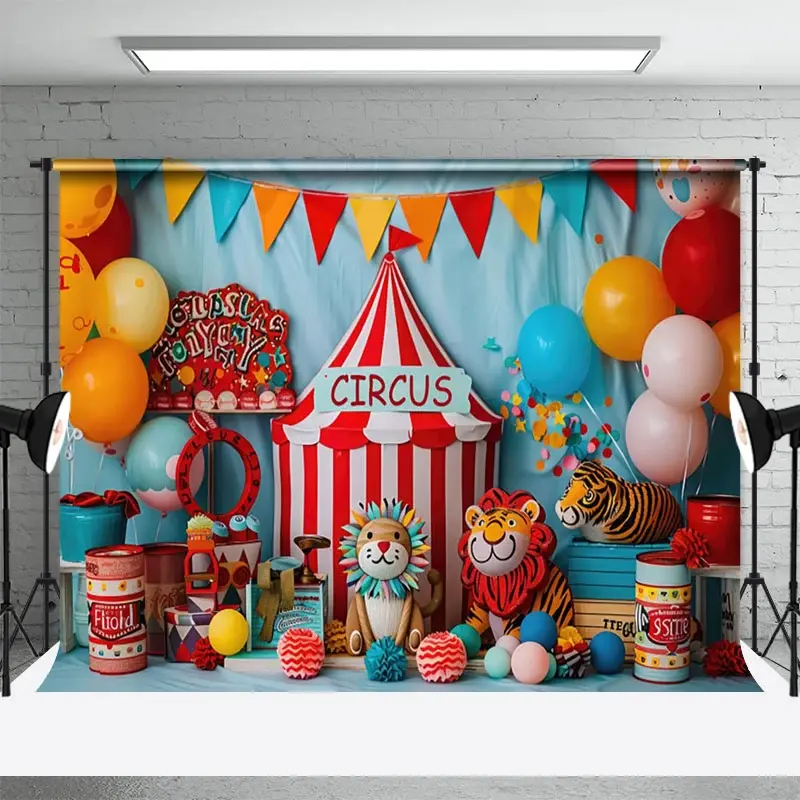 Aperturee Flags Lion Tiger Circus Cute Cake Smash Backdrop, 3X2FT(1MX0.6M), 14 USD, birthday cake smash backdrops, NYHD11429998-M