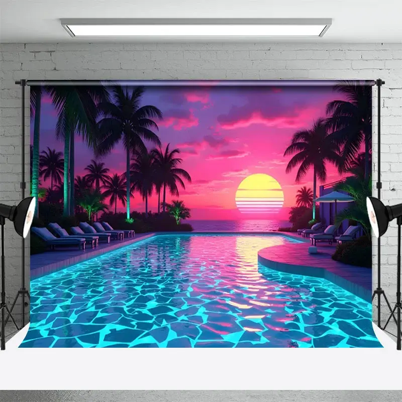 Aperturee Hot Summer Hawaii Sunset Pool Party Night Backdrop, 3X2FT(1MX0.6M), 14 USD, summer backdrops, NYHD11430151-M