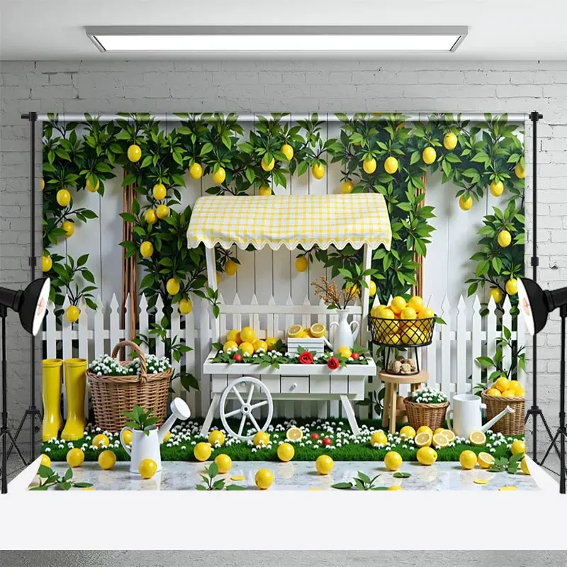 Aperturee Lemon Fruit Cart Fence White Photography Backdrop, 3X2FT(1MX0.6M), 14 USD, summer backdrops, NYHD11430161-M