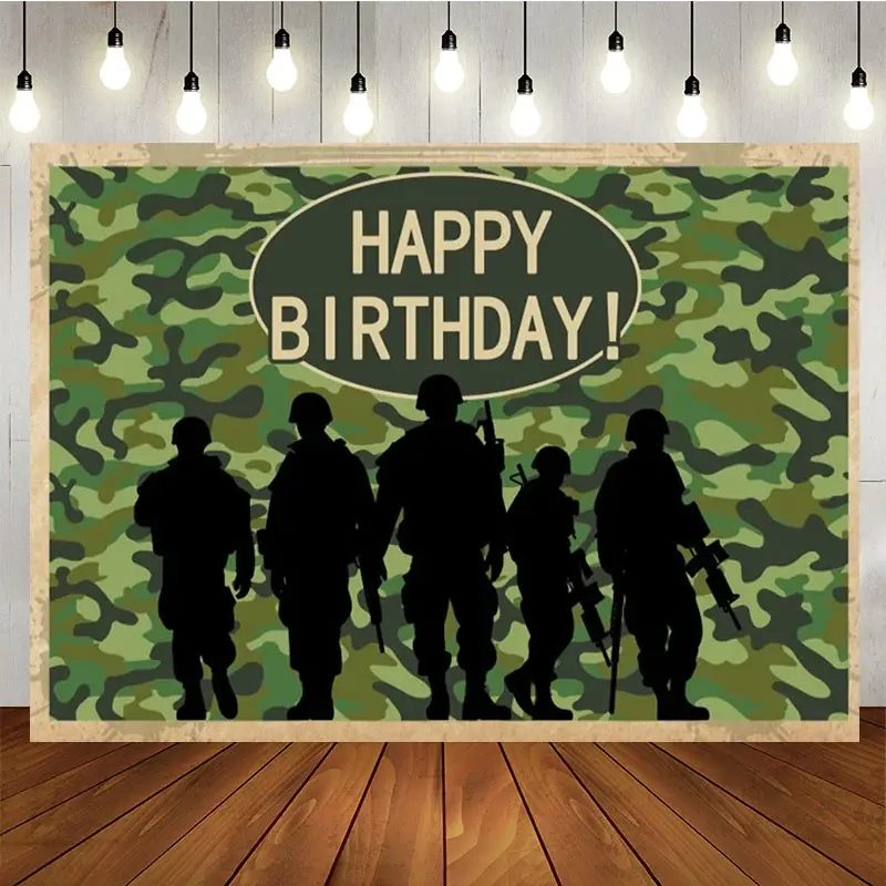 Aperturee Camouflage Soldier Happy Birthday Backdrop For Boy, 5X3FT(1.5X1M), 15.07 USD, birthday backdrops, NYHD11430288-E