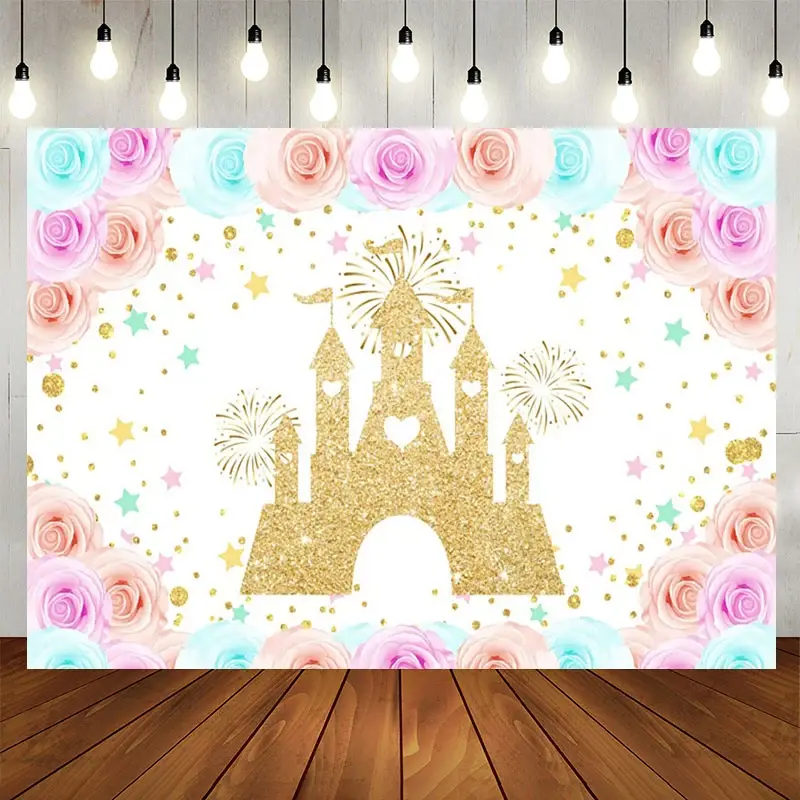 Aperturee Floral Sweet Color Castle Happy Birthday Backdrop, 5X3FT(1.5X1M), 15.07 USD, birthday backdrops, NYHD11430336-E
