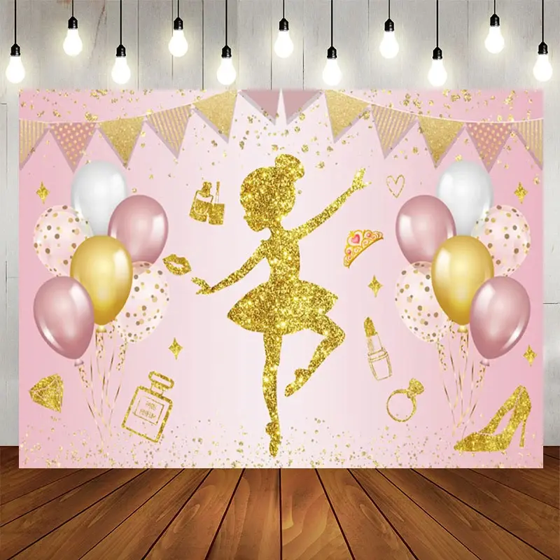 Aperturee Pink Sweet Balloon Ballerina Happy Birthday Backdrop, 5X3FT(1.5X1M), 15.07 USD, birthday backdrops, NYHD11430344-E