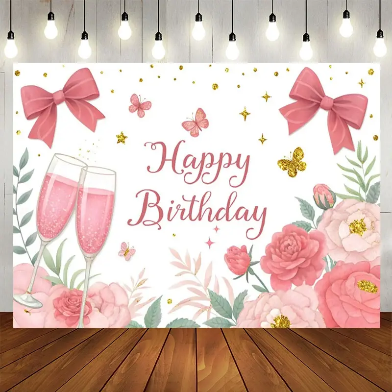 Aperturee Cheers To Birthday Bows Floral Birthday Backdrop, 5X3FT(1.5X1M), 15.07 USD, birthday backdrops, NYHD11430459-E