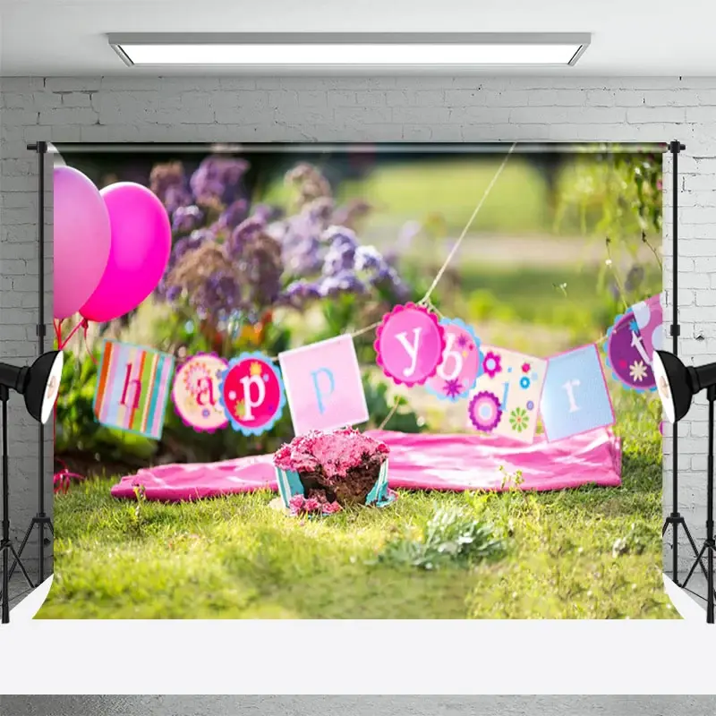 Aperturee Outdoor Grass Floral Birthday Cake Smash Backdrop, 3X2FT(1MX0.6M), 14 USD, birthday cake smash backdrops, NYHD11430512-M
