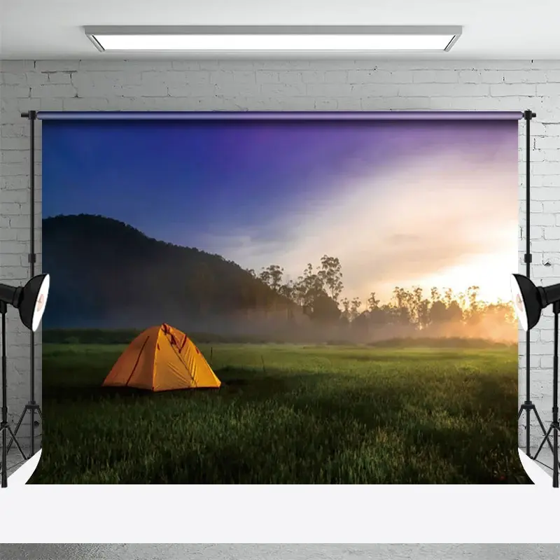 Aperturee Valley Camping Sunrise Scenery Photography Backdrop, 3X2FT(1MX0.6M), 14 USD, natural scenery backdrops, NYHD12808258-M