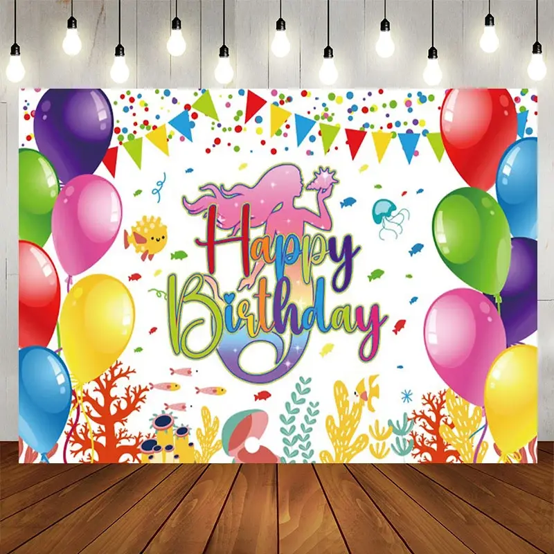 Aperturee Mermaid Under The Sea Scene Flag Birthday Backdrop, 5X3FT(1.5X1M), 15.07 USD, birthday backdrops, NYHD13000980-E