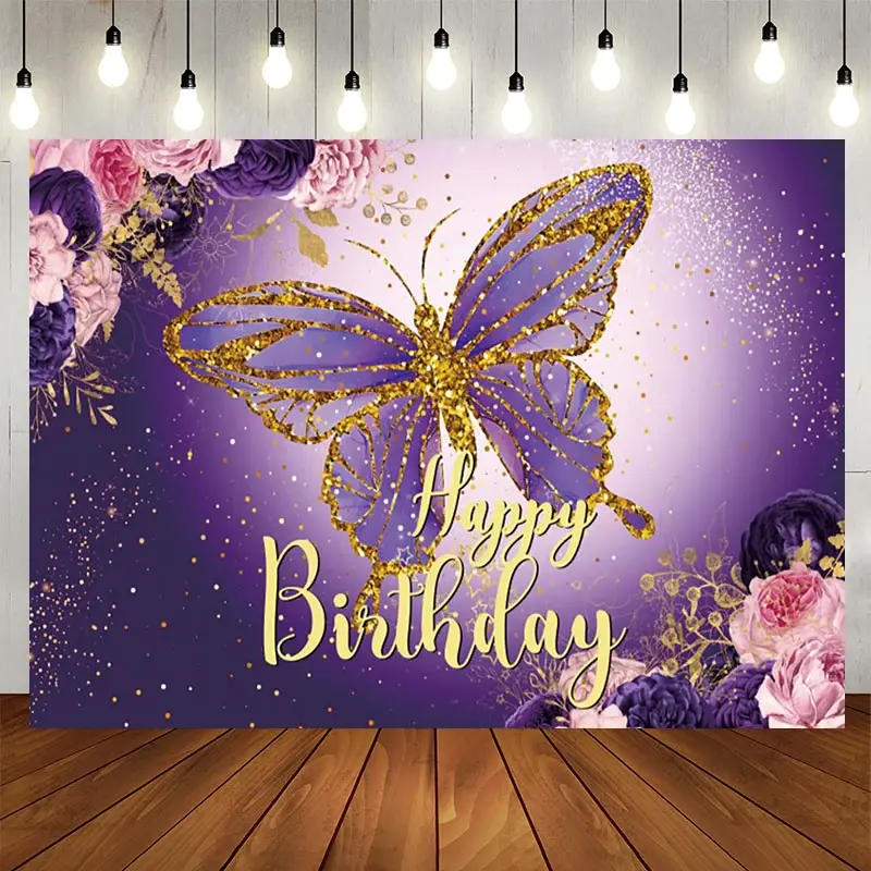 Aperturee Gradient Purple Butterfly Floral Birthday Backdrop, 5X3FT(1.5X1M), 15.07 USD, birthday backdrops, NYHD13000982-E