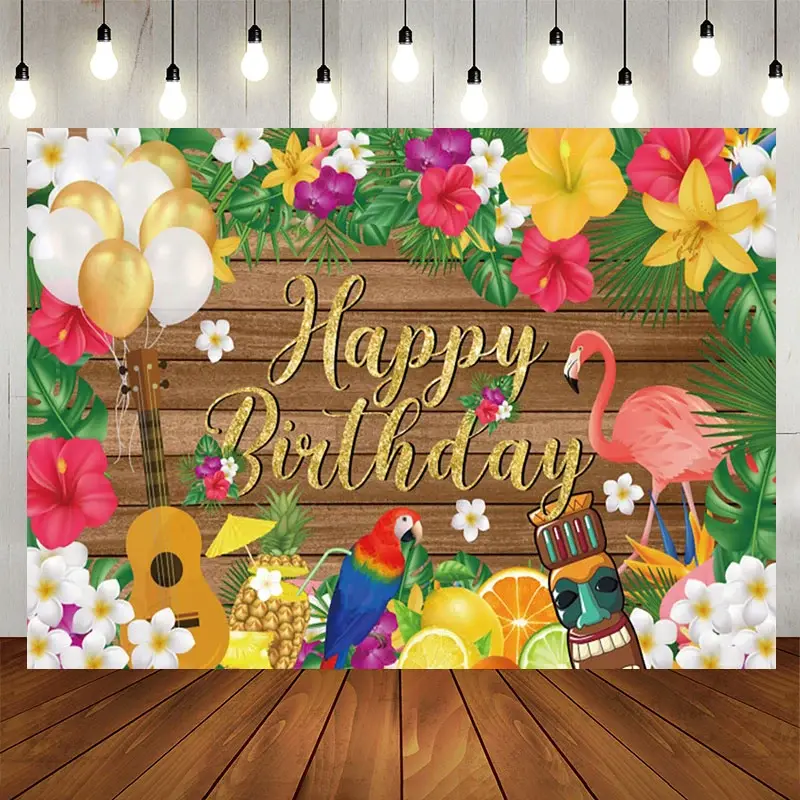 Aperturee Summer Hawaii Floral Flamingo Wood Birthday Backdrop, 5X3FT(1.5X6M), 208.52 USD, birthday backdrops, NYHD13001005-E
