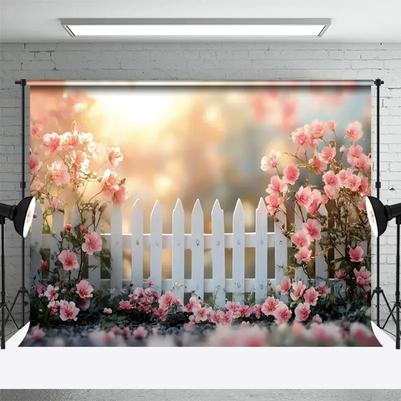 Aperturee Spring Sunrise Garden White Fence Photo Backdrop, 3X2FT(1MX0.6M), 14 USD, spring backdrops, NYHD13001043-M