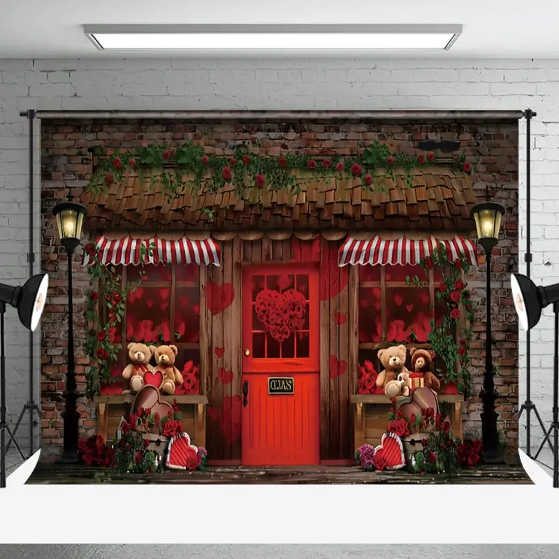 Aperturee Bricks Red Rose Store Bear Valentines Day Backdrop | Valentine'S Day Backdrops | Valentine Photo Backdrop | Valentines Day Photo Backdrop