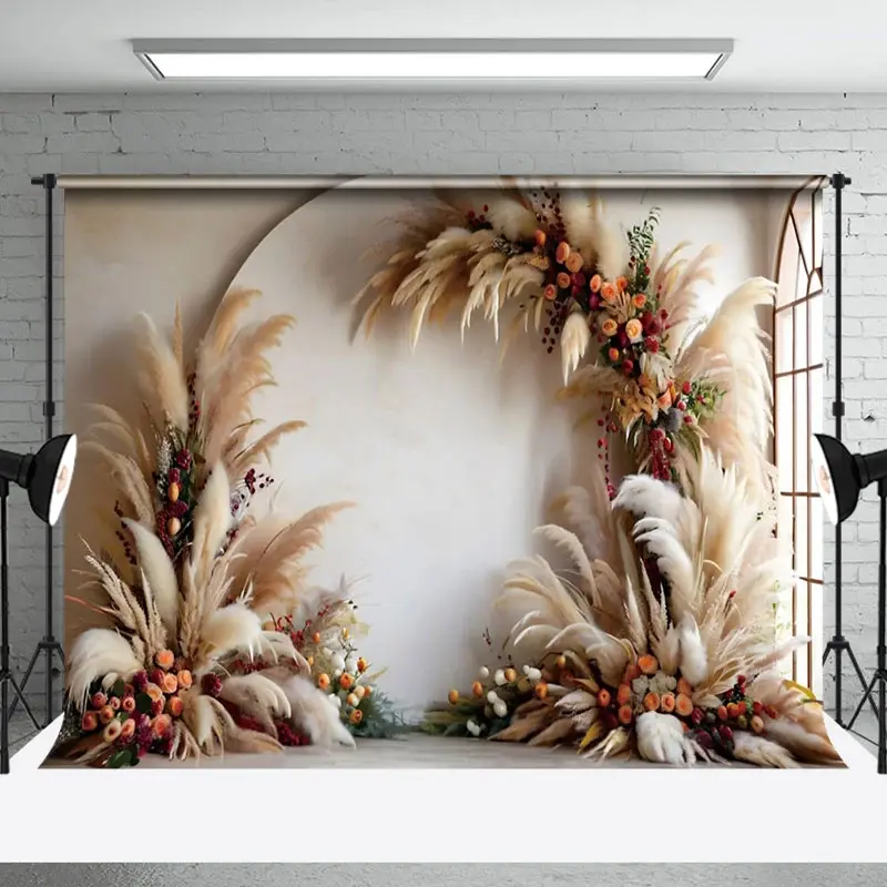 Aperturee Tribal Floral Arch Boho Pampas Grass Photo Backdrop | Photography Cloth Backdrop | Backdrops For Photos | Professional Photography Backdrop