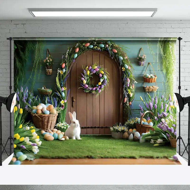 Aperturee Wooden Door Wall Eggs Bunny Easter Photo Backdrop | Easter Picture Backdrops | Easter Photo Backdrop | Easter Backdrop Photography
