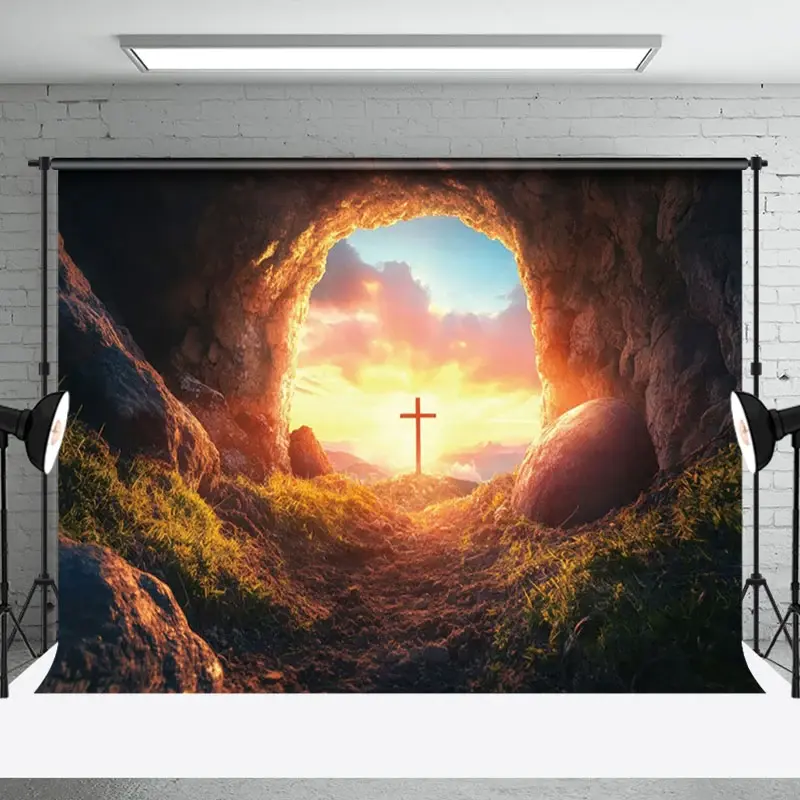 Aperturee Mystical Cave Entrance Sunset Glow Cross Backdrop | Easter Party Decorations | Easter Picture Backdrops | Easter Backdrop Photography