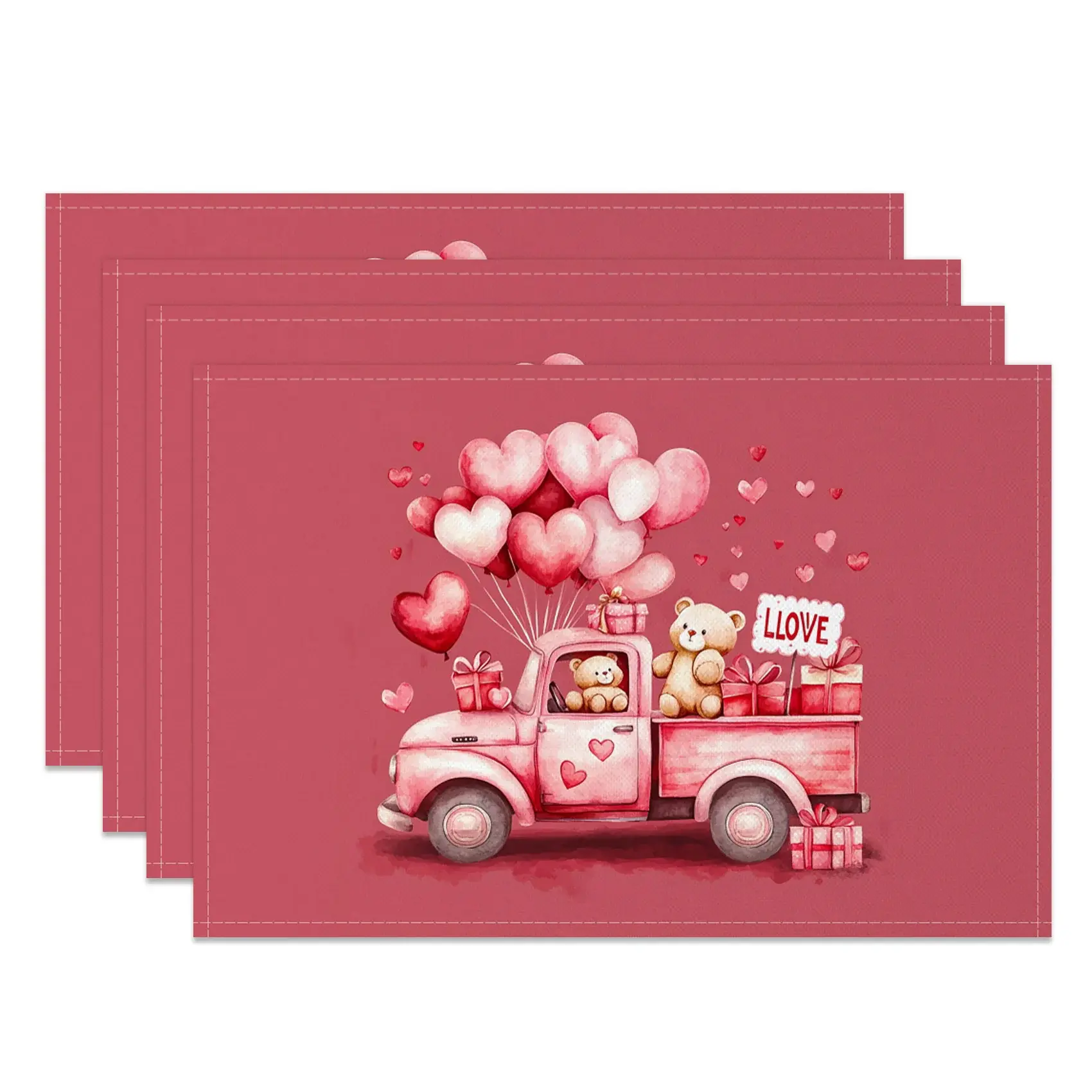 Aperturee Pink Balloon Truck Valentines Day Set Of 4 Placemats, 14x12 Inch, 15.8 USD, NYJY00377-S, placemats