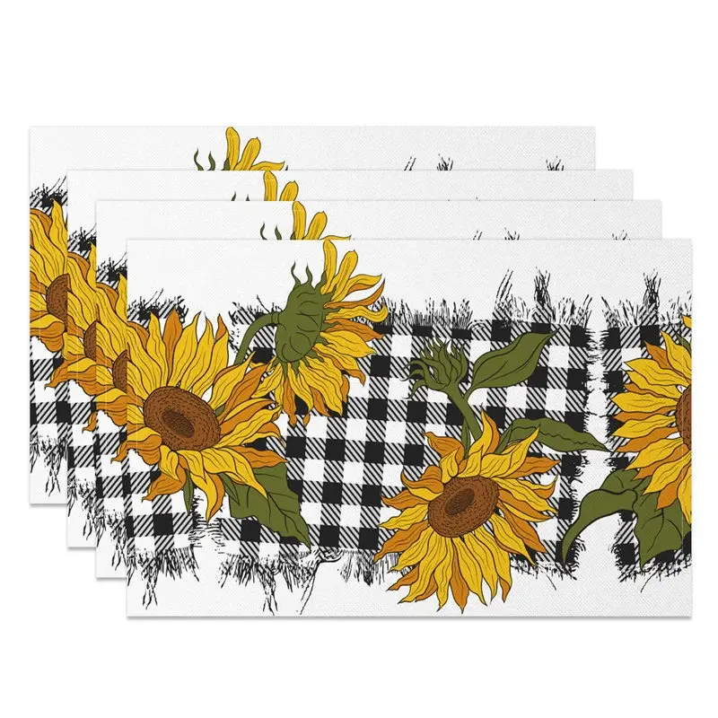 Aperturee Yellow Sunflower Black White Plaid Set Of 4 Placemats, 14x12 Inch, 15.8 USD, placemats, NYJY00562-S