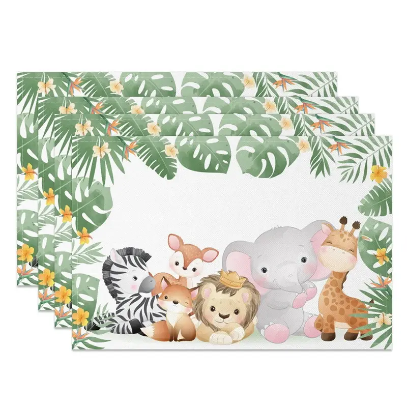 Aperturee Baby Safari Animal Monstera Dining Set of 4 Placemats, 14x12 Inch, 15.8 USD, placemats, NYJY00615-S