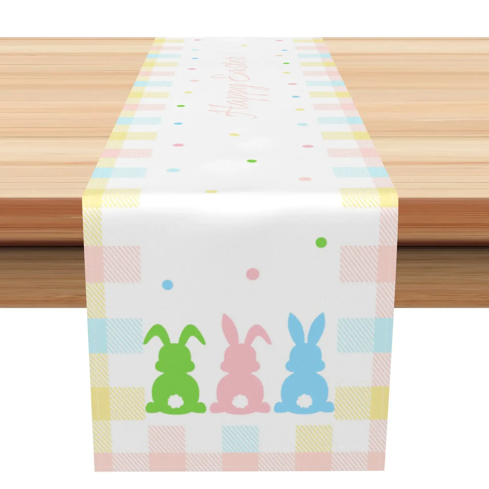 Aperturee Colorful Plaid Cute Bunny Happy Easter Table Runner | Seasonal Printed Table Runner | Personalized Table Runners | Flower Table Runner