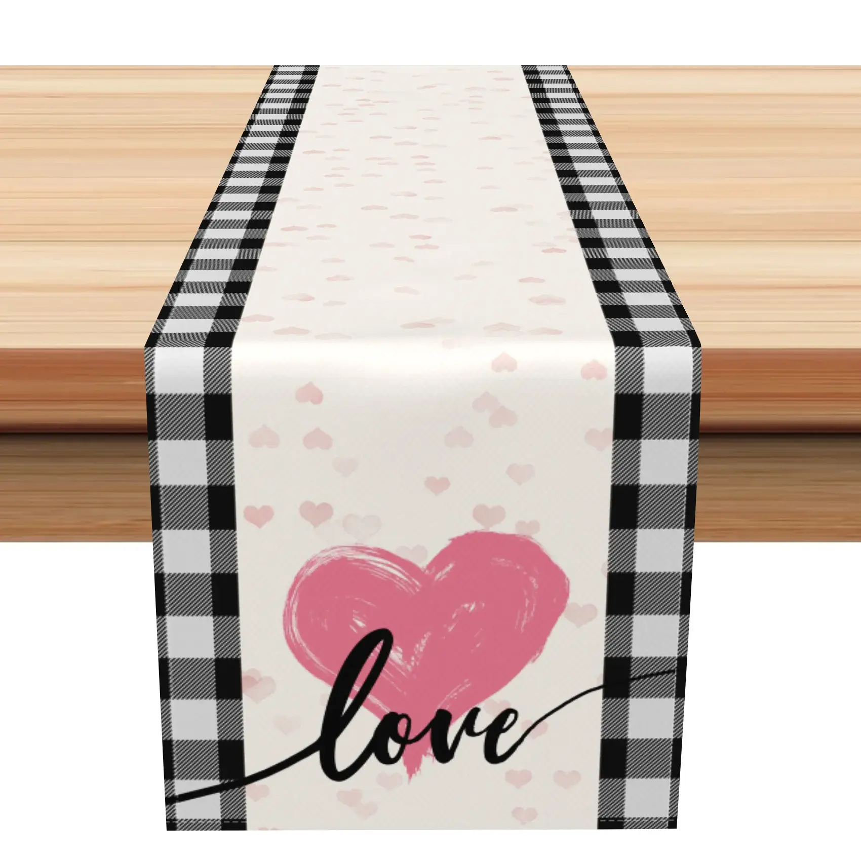 Aperturee Pink Heart Black Plaid Valentines Day Table Runner | Table Runner For Dining Table | Custom Table Cloth Runner | Patterned Table Runner
