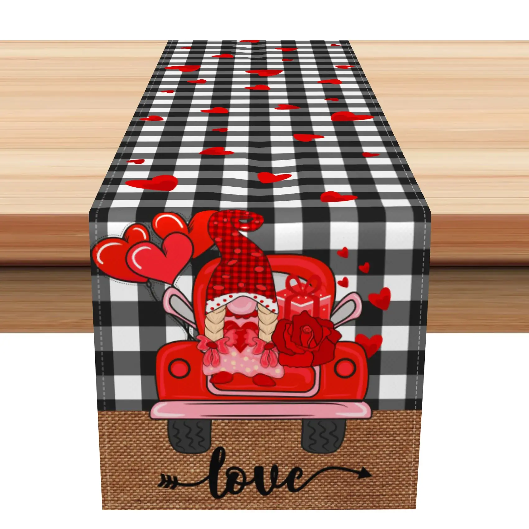 Aperturee Black White Plaid Truck Valentines Day Table Runner | Patterned Table Runner | Personalized Table Runners | Seasonal Printed Table Runner