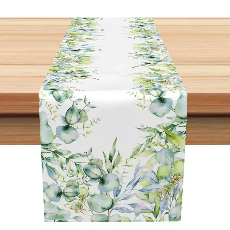 Aperturee Fresh Boho Green Leaves Table Runner, Sweet Spring Eucalyptus and Ferns, Modern Farmhouse Kitchen or Wedding Decor, 12