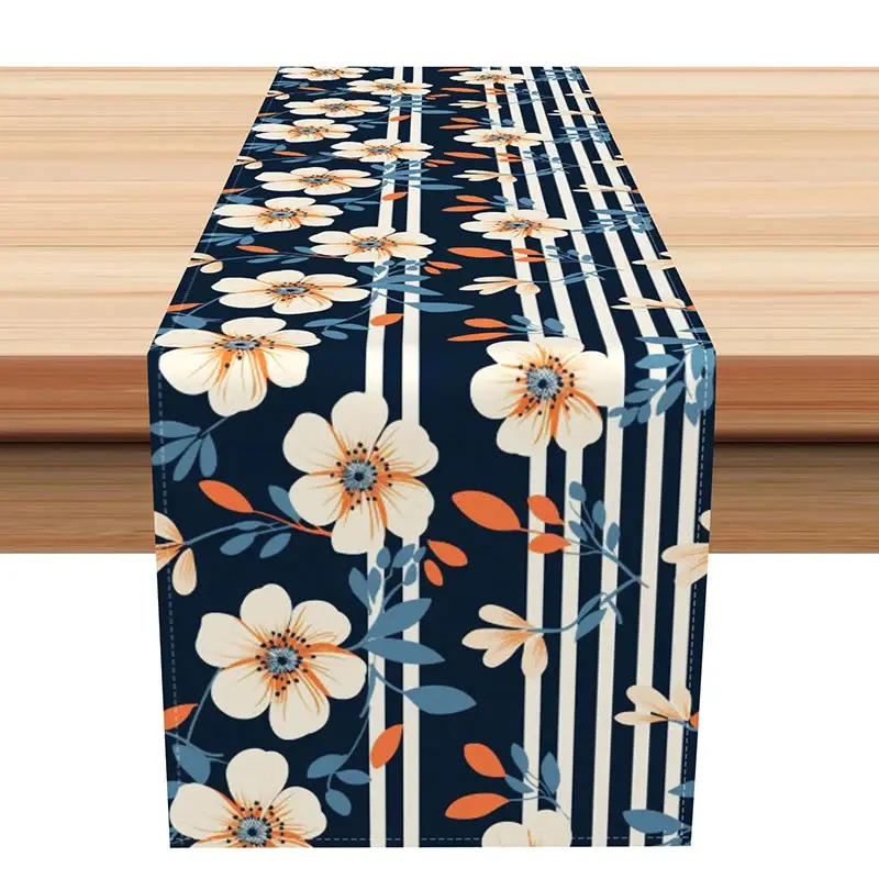 Aperturee Classic Stripe and Floral Table Runner in Navy Blue, for Traditional Dining Room and Holiday Table Decor, 12x72in (WxH), 15.52 USD, table