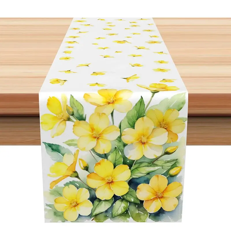 Aperturee Spring Floral Table Runner with Painted Yellow Flowers and Green Leaves, for Easter and Kitchen Decor, 12x72in (WxH), 15.52 USD, table run