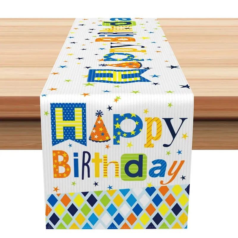 Aperturee Happy Birthday Table Runner with Colorful Stars Pattern, Fun Party Supplies for Kids Celebration Table Decor, 12x72in (WxH), 15.52 USD, ta