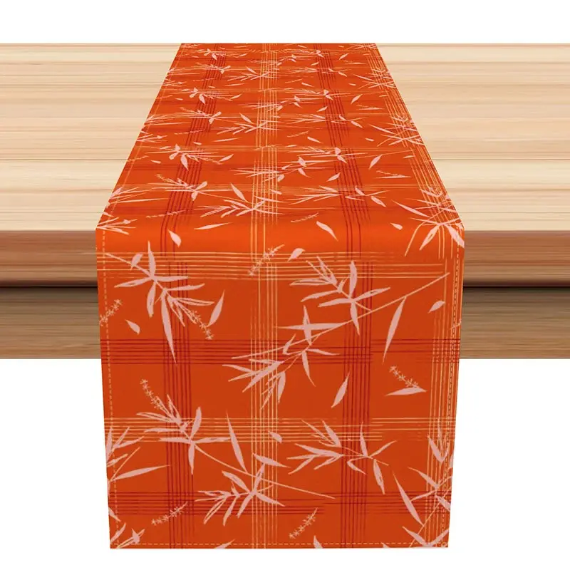 Aperturee Modern Zen Table Runner with Vivid Orange Bamboo Leaves and Stripes, for Asian Inspired Dining Decor, 12x72in (WxH), 15.52 USD, table runn