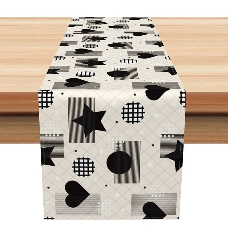 Aperturee Classic Table Runner with Black Star and Heart Pattern, for Modern Farmhouse and Minimalist Decor, 12x72in (WxH), 15.52 USD, table runners