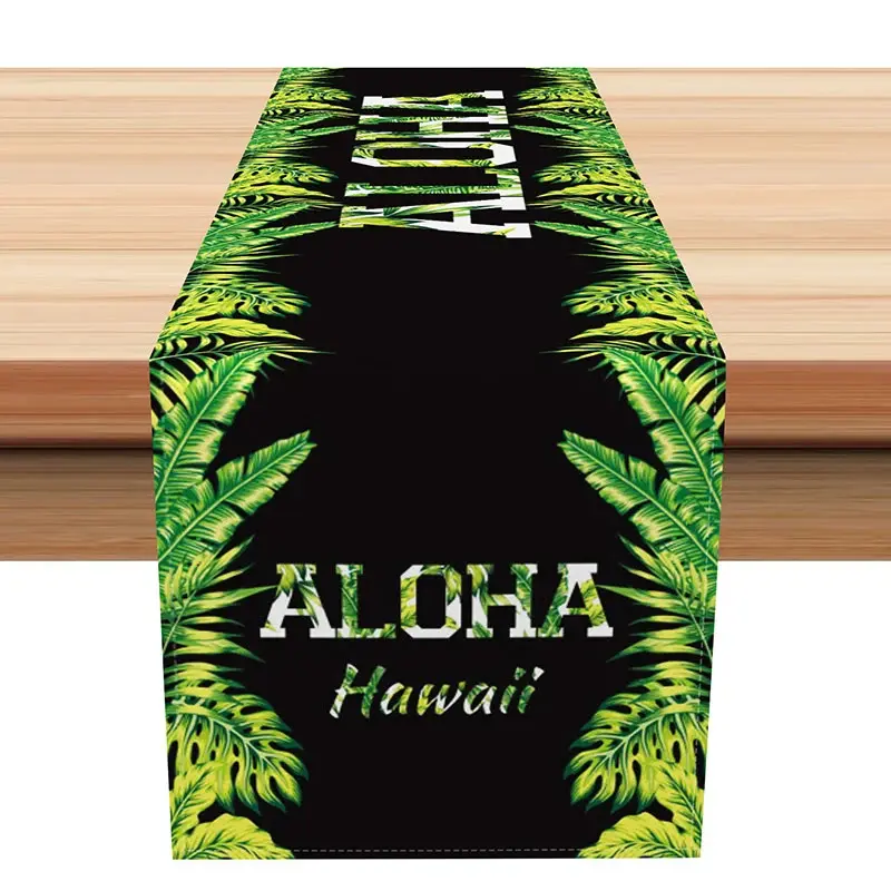 Aperturee Aloha Hawaiian Summer Table Runner with Green Tropical Leaves, for Luau and Beach Themed Party Decor, 12x72in (WxH), 15.52 USD, summer tab