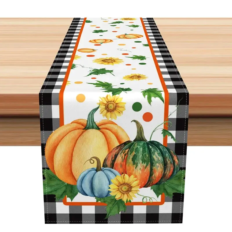 Aperturee Autumn Plaid Table Runner with Sweet Floral and Fallen Leaves, for Farmhouse Thanksgiving Table Decor, 12x72in (WxH), 15.52 USD, autumn ta