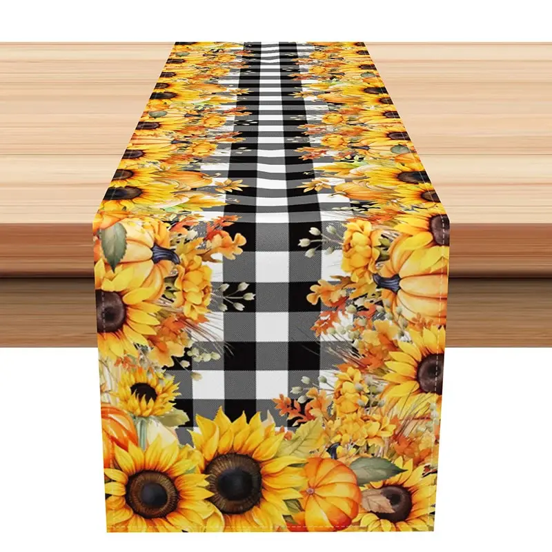 Aperturee Sunflower Table Runner with Black and White Buffalo Plaid, for Modern Farmhouse Fall Kitchen Decor, 12x72in (WxH), 15.52 USD, autumn table