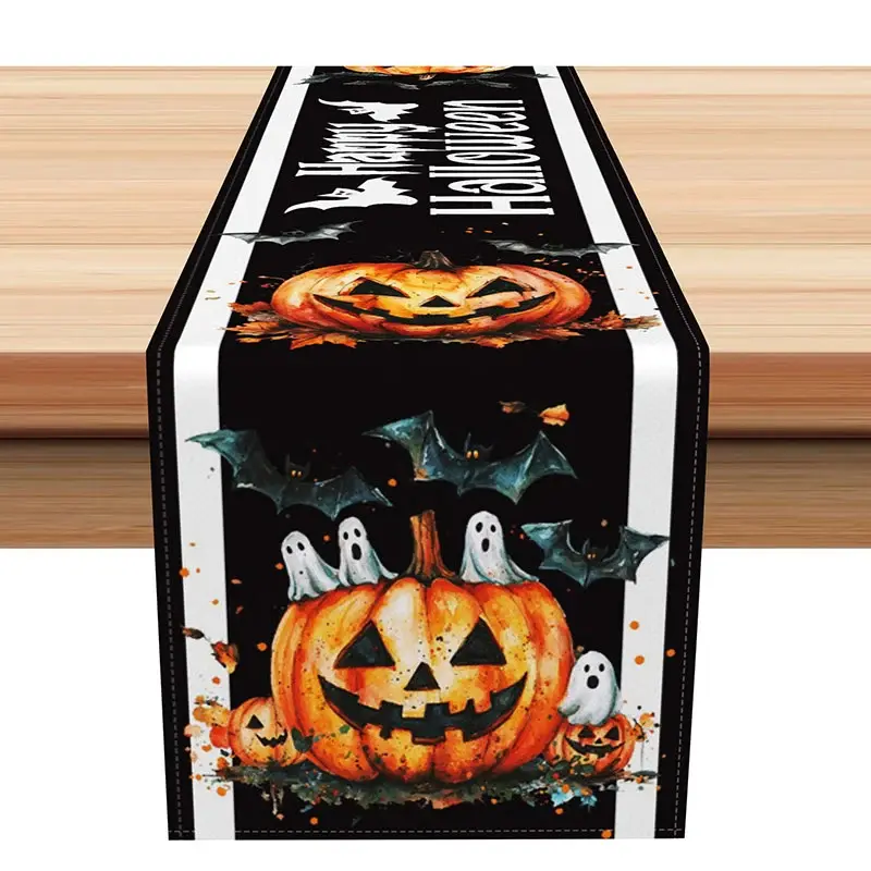 Aperturee Scary Halloween Table Runner with Pumpkin, Ghost and Bat, for Haunted House Party Decorations, 12x72in (WxH), 15.52 USD, halloween table r