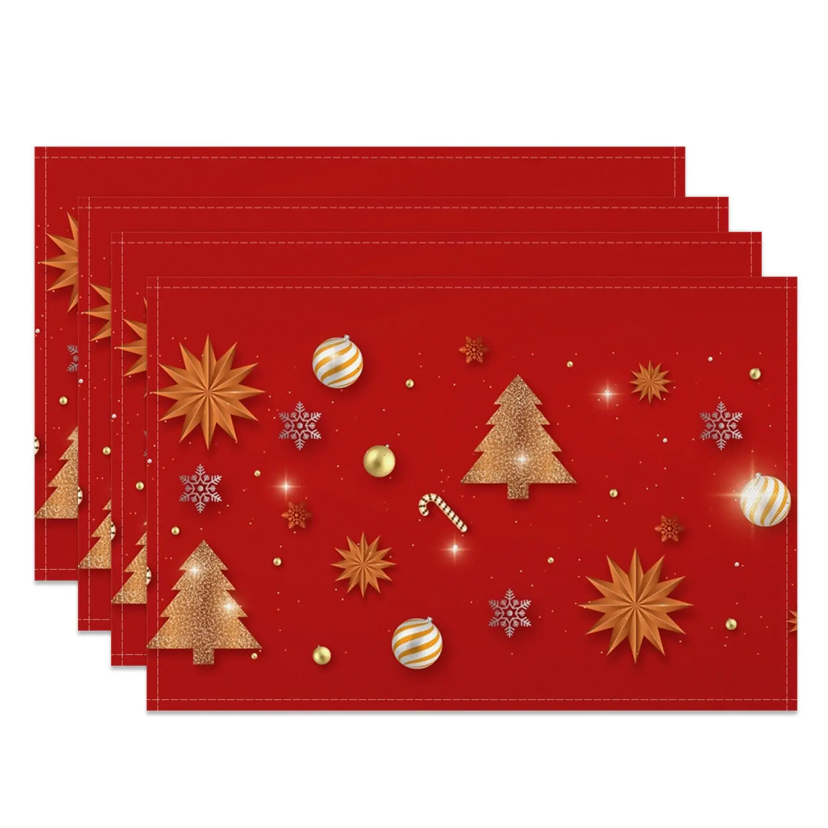 Aperturee Festive Red Gold Snowy Christmas Set Of 4 Placemats, 14x12 Inch, 15.8 USD, NYWH00397-S, placemats