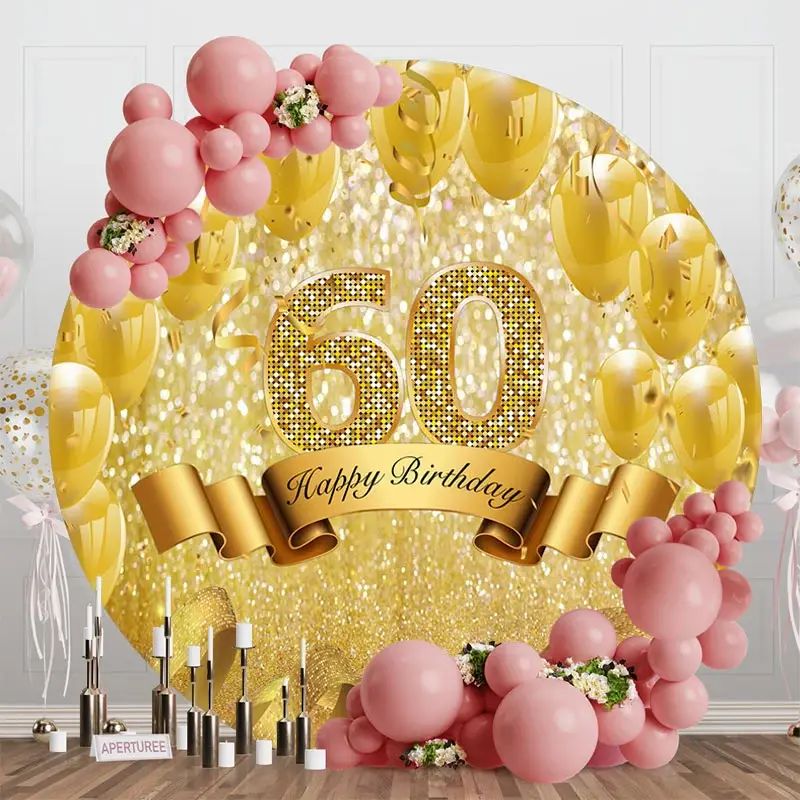 Aperturee Gold Balloons Glitter Round 60Th Birthday Backdrop | Round Party Backdrop | Custom Round Backdrop | Custom Round Birthday Backdrop
