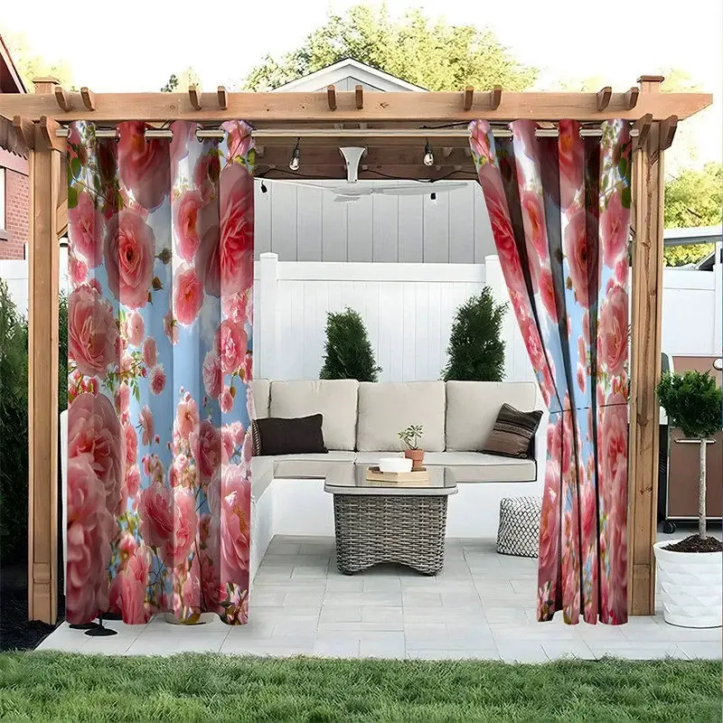 Aperturee Bloom Pink Rose Waterproof Printed Outdoor Curtains, W52in x L84in, 19.99 USD, printed outdoor curtains, S0D11990-S