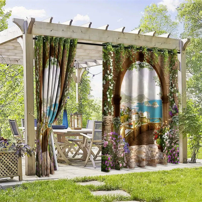 Aperturee Seaside Town Waterproof Printed Outdoor Curtains, W52in x L84in, 19.99 USD, printed outdoor curtains, S0D12002-S